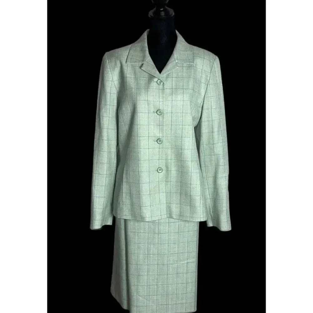 PENDLETON Retro Matching Wool Silk Set Blazer & Skirt Green Plaid 6-8 VINTAGE